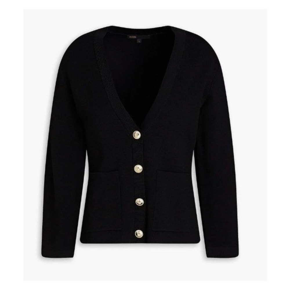 Maje Black Twill Cardigan V-Neck Gold Crest Button Front Pocket Sweater Size 1